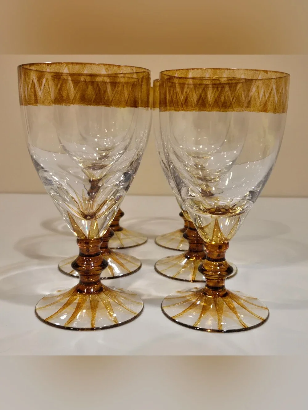 Vintage Stemmed Wine Glasses With Amber Detail X 6